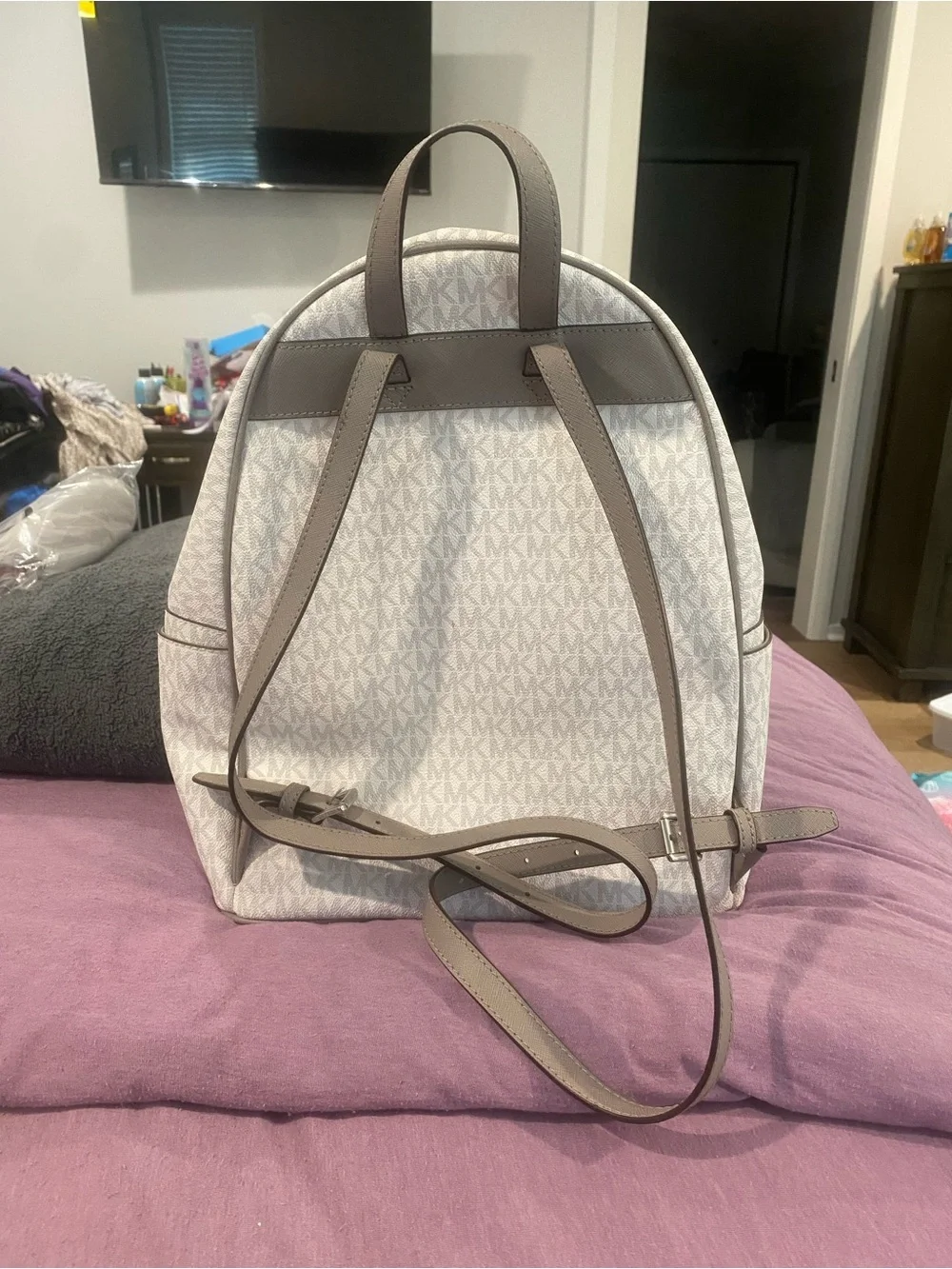 Michael Kors White Monogram Backpack with Black Center Stripe